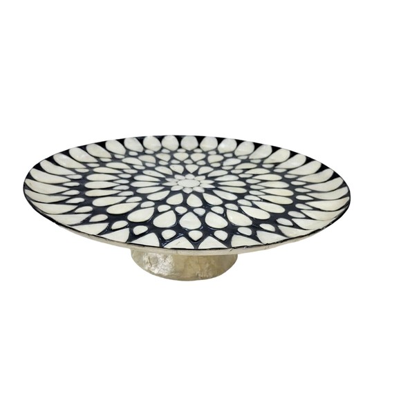 Capiz Shell Pedestal Cake Stand Plate Decorative Flower Inlay Black Ivory 13" - Picture 2 of 15